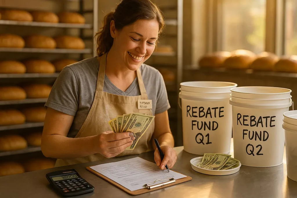 Baker counting cash next to stacked pails labeled "Rebate Fund"