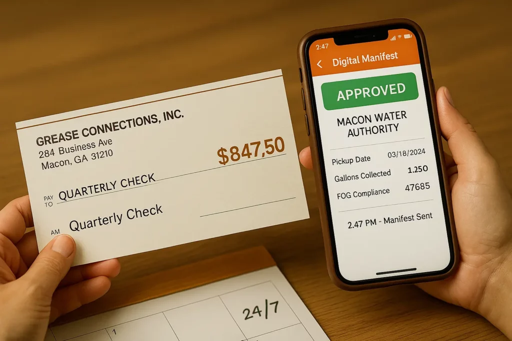 Restaurant owner holding quarterly rebate check while viewing approved digital manifest on smartphone
