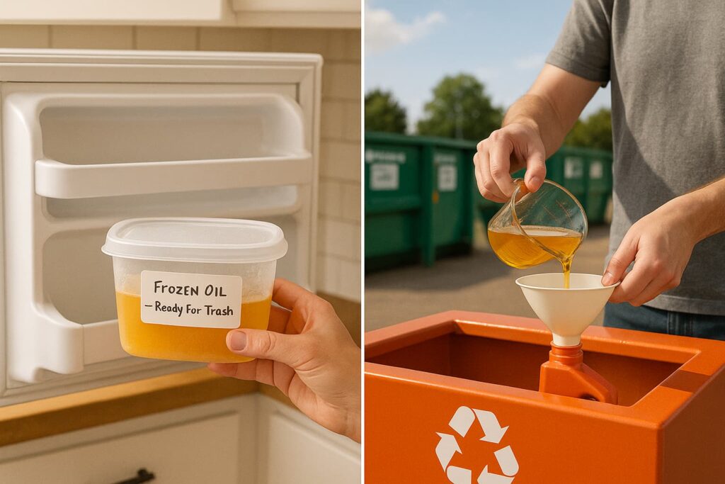 “freeze for trash” method and the recycling-center drop-off in one cohesive frame