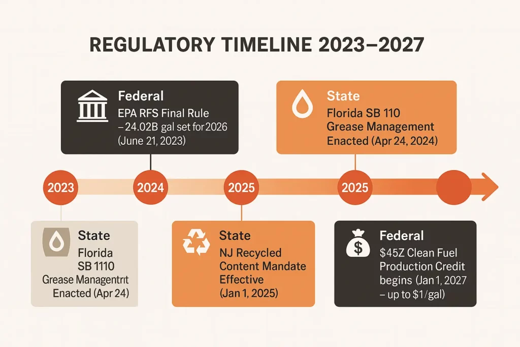 Regulatory timeline graphic. EPA RFS volumes, state FOG ordinance updates, Section 45Z biofuel tax credit phase in