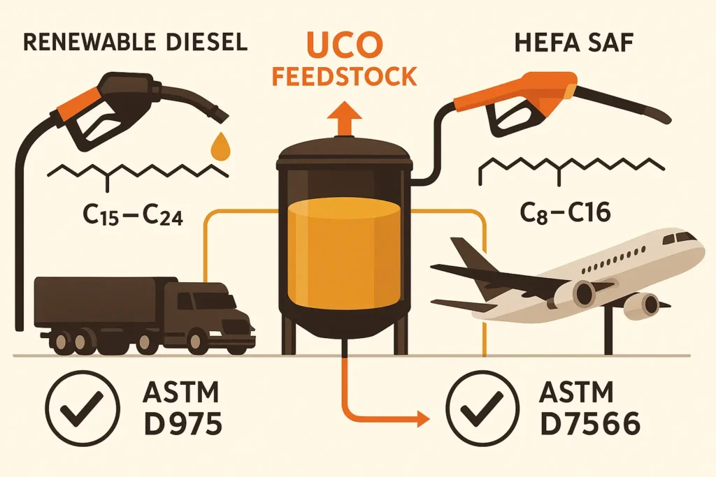 fuel nozzle for truck vs wing refueler for plane, both pointing back to a single vat of yellow oil
