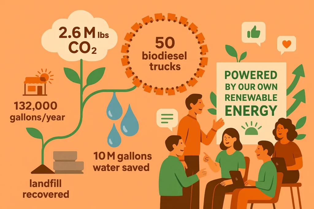 Horizontal flat infographic in Sunrise Bakery’s orange (#ff6637) background: left shows bakery icon above “132,000 gallons/year.” A green vine rises to a white cloud labeled “2.6 M lbs CO₂,” branches right into a circle of 50 tiny biodiesel trucks, and down into three blue drops with “10 M gallons water saved,” ending at stacked gray blocks captioned “landfill recovered.” Right side: four-person team designs poster “POWERED BY OUR OWN RENEWABLE ENERGY,” with chat bubbles, green arrows, and leaves illustrating social-media buzz and growth.