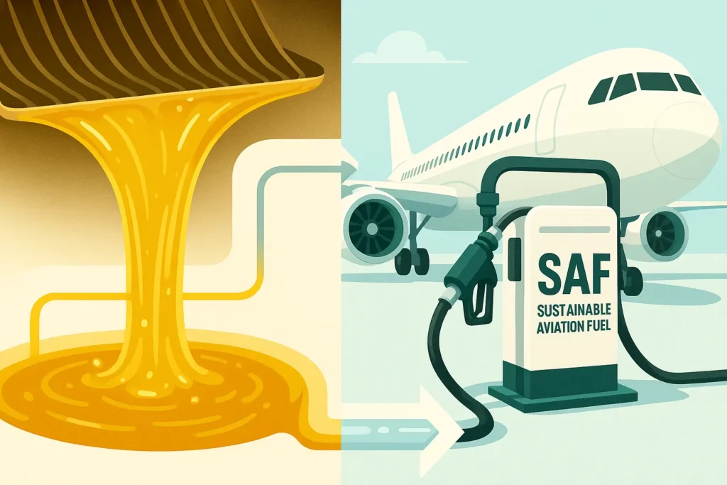 Split screen: left, golden oil draining from a fryer; right, an aircraft refuelling with a "SAF" label on the pump, connected by a stylised pipeline graphic.