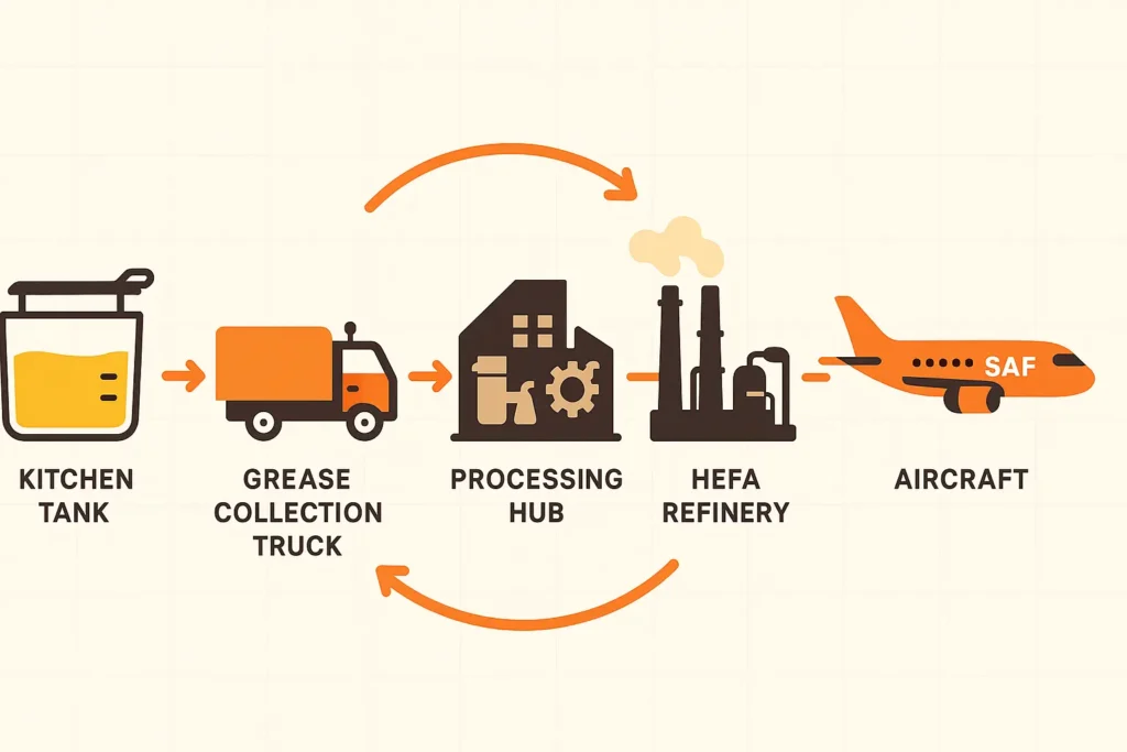 kitchen tank → Grease Connections truck → hub → HEFA refinery → airplane