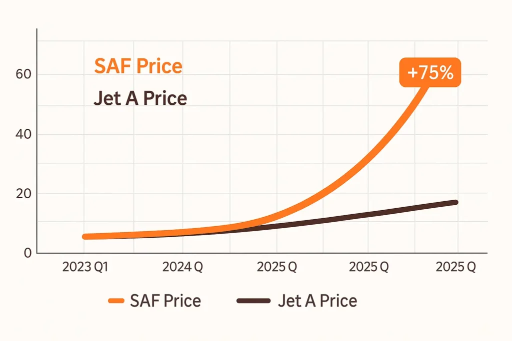 line chart of SAF vs. Jet A prices, 2023 2025.