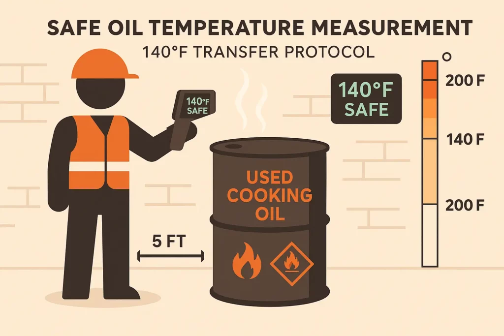 Technician measuring oil temperature with an infrared gun before decanting into a labeled steel drum, alley view shows 5 ft clearance.