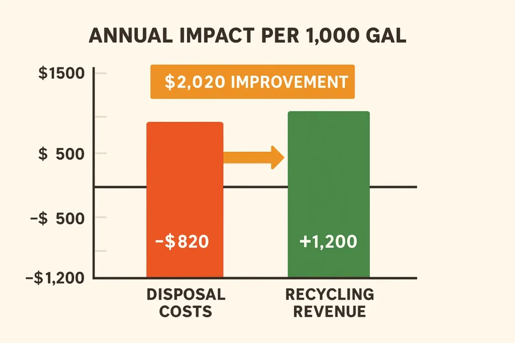 simplified chart green recycle bar towering over red disposal bar, labelled "Side by Side ROI