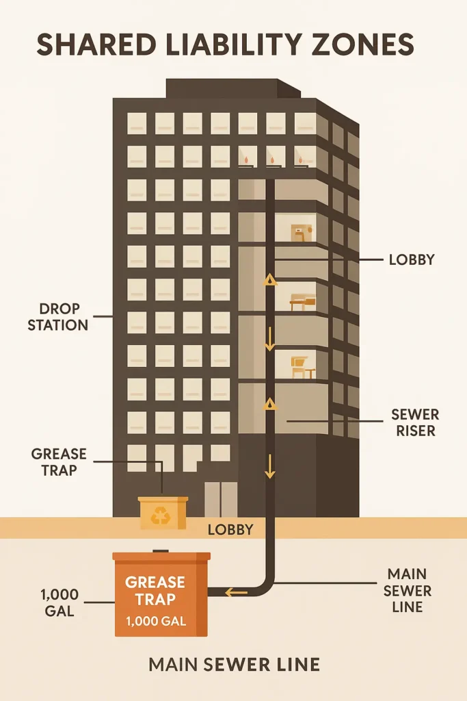 flat design NJ high rise with labeled grease trap, drop station, sewer line