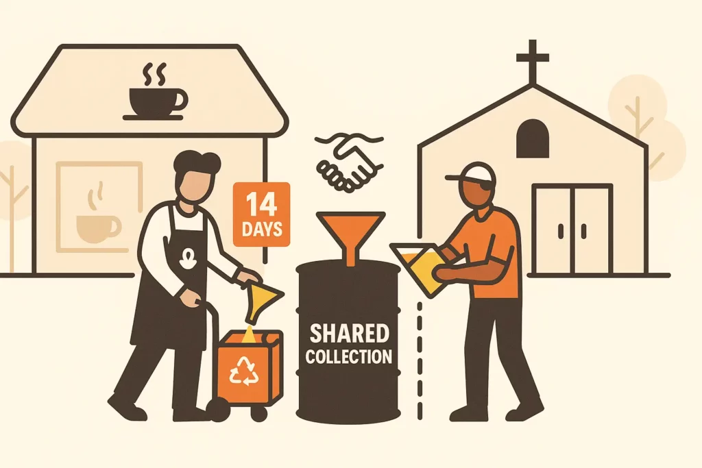 Two neighboring kitchens pouring oil into a shared drum illustrates pooling concept