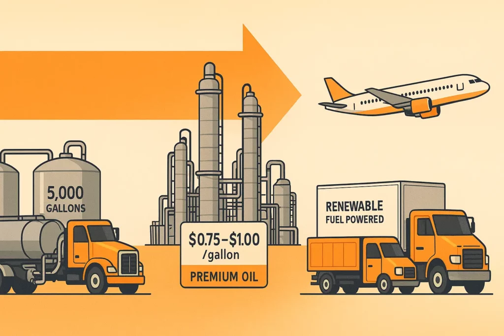 Wide 1024×450 technical illustration of industrial oil’s journey: left, an orange tanker truck pumps into labeled 5,000-gallon tanks; center, gray biodiesel refinery towers with a $0.75–$1.00 /gallon premium-oil quality meter; right, renewable-fuel delivery trucks and an orange-trim jet, all linked by an orange-to-peach gradient arrow showing transformation.