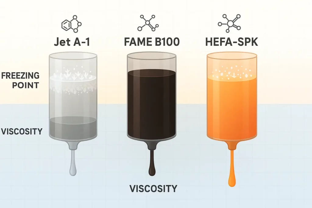 side‑by‑side comparison of freezing point and viscosity for Jet A‑1, FAME B100 and HEFA‑SPK.