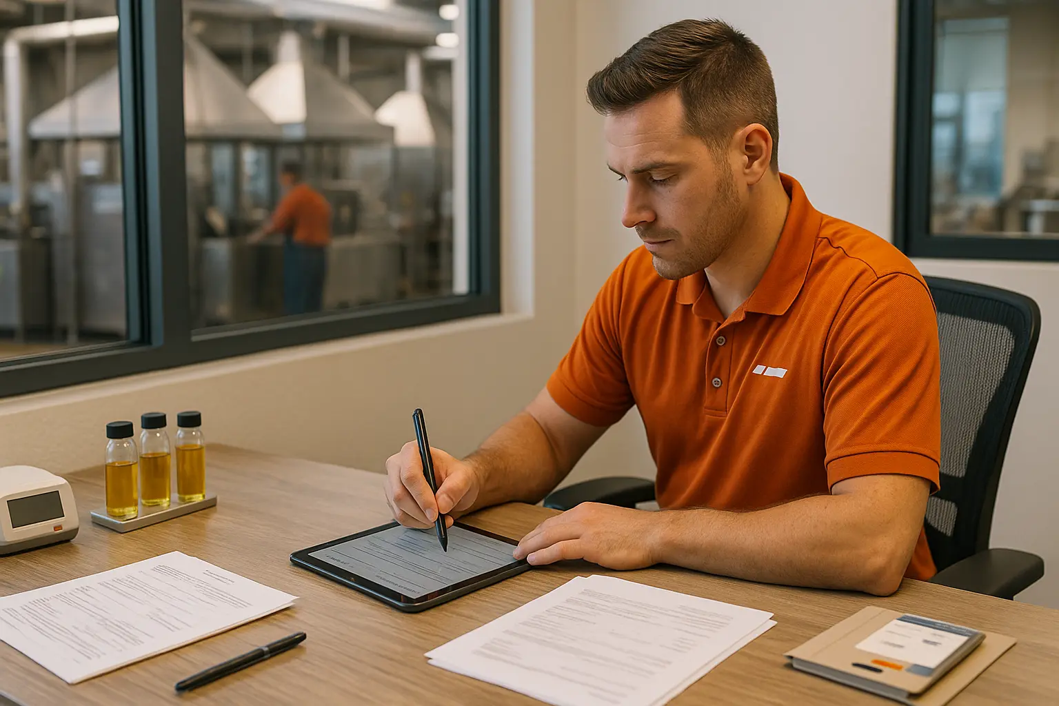 Food plant manager signing bulk used cooking oil purchase agreement.