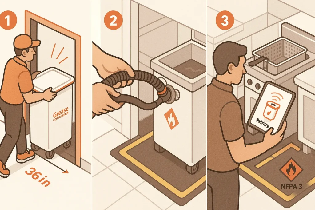 Three frame diagram showing a narrow door roll in, hose hookup, and sensor pairing on a tablet