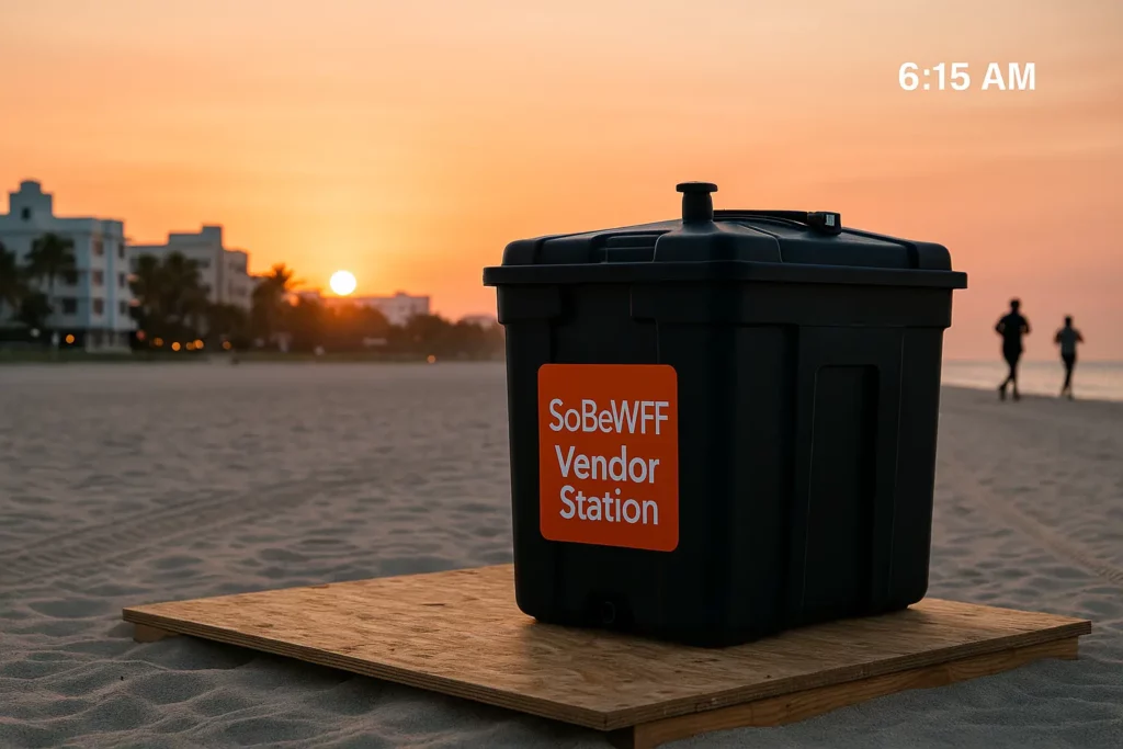 140 gal tank on beach plywood deck with sunrise background