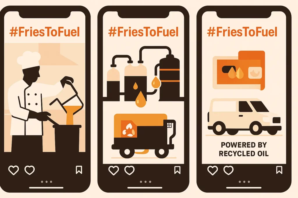 Split frame Instagram reel storyboard chef pouring cooled oil, biodiesel refinery, delivery van fueling.