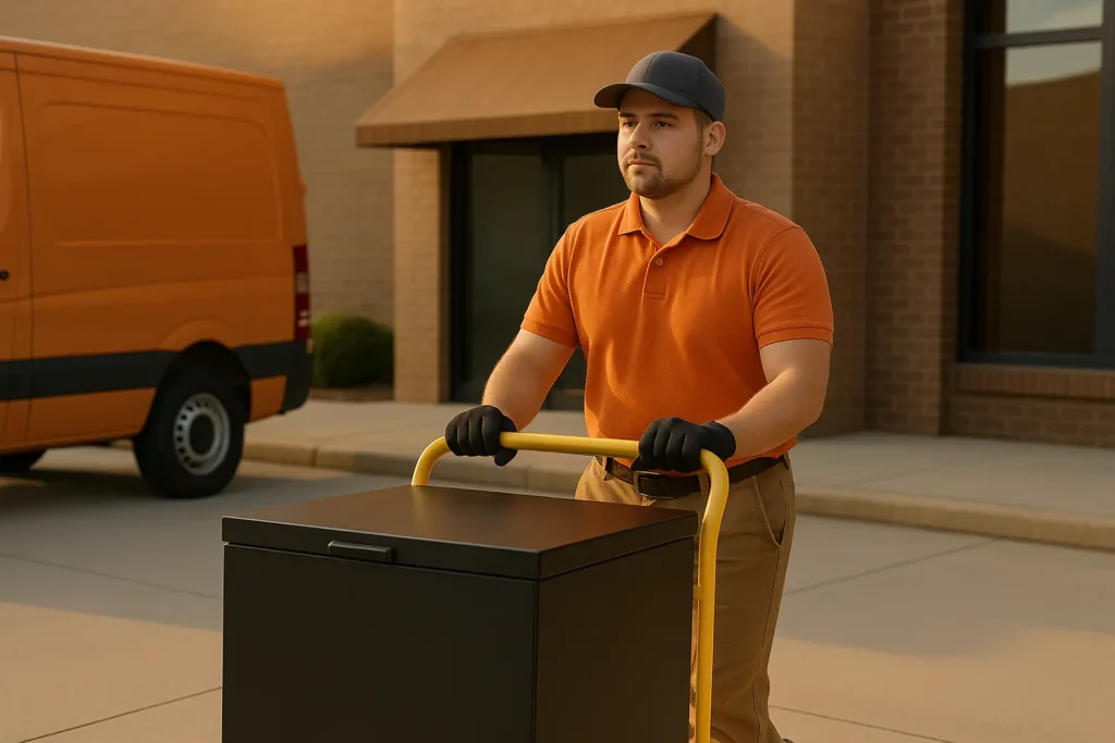 Technician wheeling a yellow 70‑gal caddy across a spotless loading dock