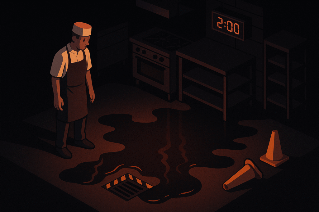 illustration of a line cook watching oil spread across a polished concrete floor under emergency lights