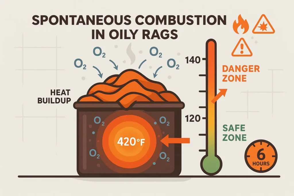 Cut away diagram of spontaneous combustion inside a pile of oily rags, temperature scale overlay.