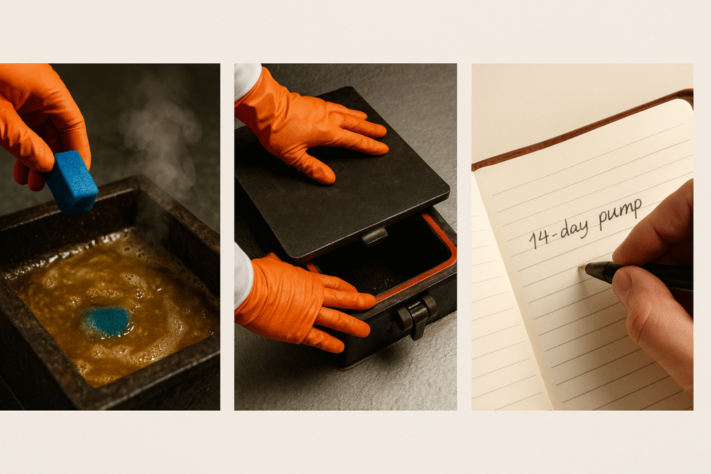 Three-panel maintenance sequence: dropping bio-enzyme block into grease trap, sealing metal trap lid with gasket, writing pump-out date in maintenance logbook