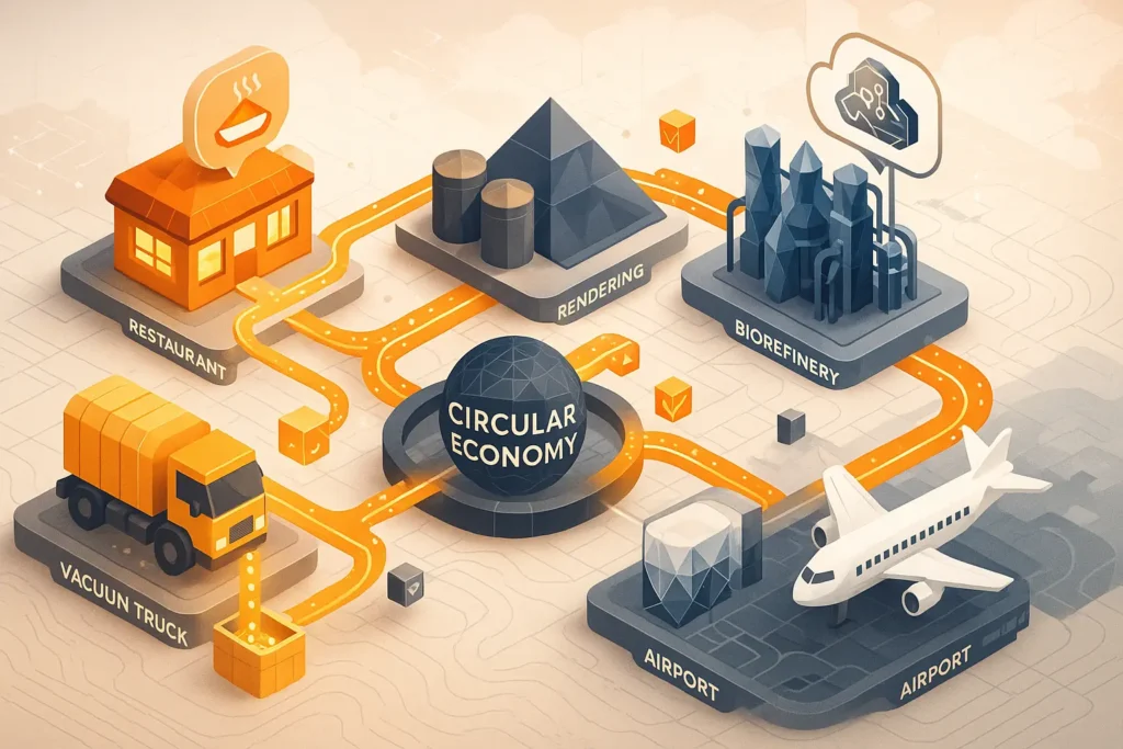schematic of industrial symbiosis network linking restaurant, truck, refinery, airport