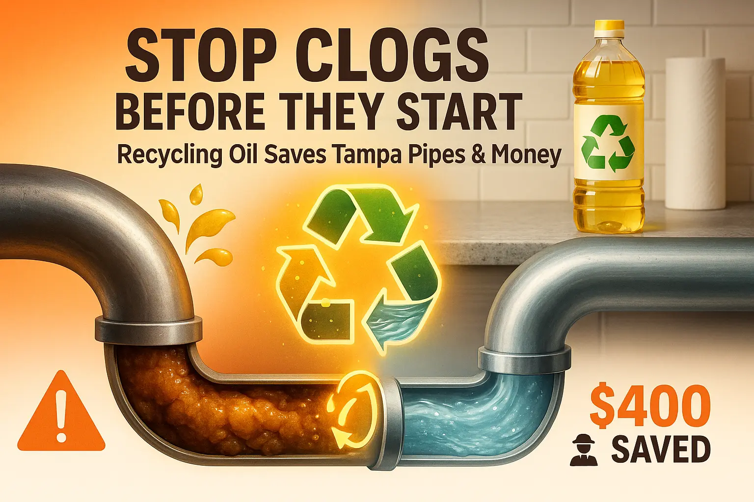 How does recycling used cooking oil help prevent plumbing issues in Tampa homes?