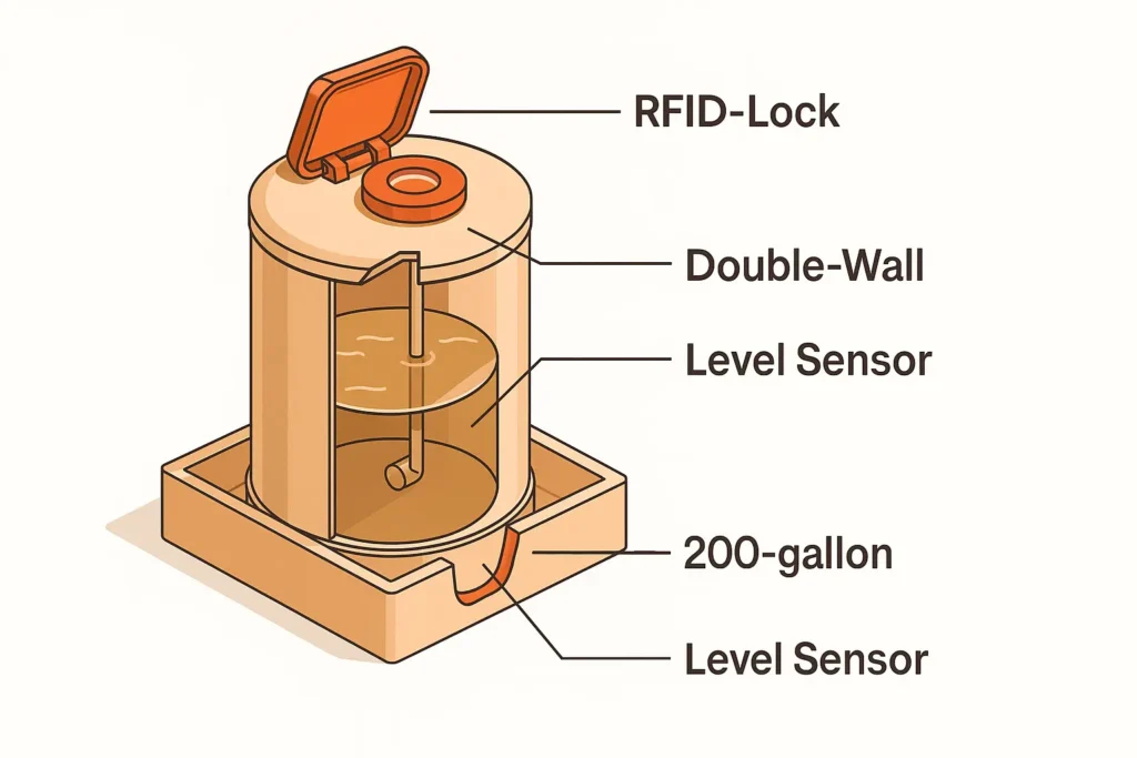 cutaway illustration of a double wall used oil tank, showing lock, RFID sensor, and secondary containment basin