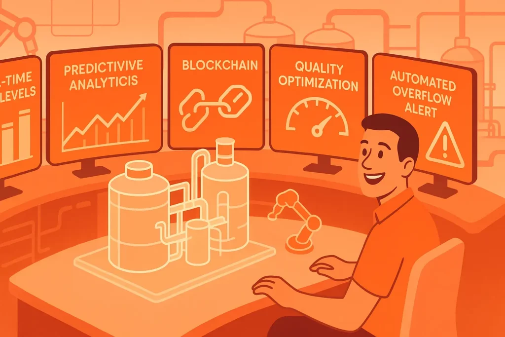 Flat isometric illustration (1024 × 450 px) of a smart factory control room: Carlos, without glasses, smiles at a curved desk while orange-and-peach monitors clearly read “REAL-TIME TANK LEVELS,” “PREDICTIVE ANALYTICS,” “BLOCKCHAIN,” “QUALITY OPTIMIZATION,” and “AUTOMATED OVERFLOW ALERT,” each showing matching charts and icons. A translucent digital-twin model of interconnected tanks and pipes hovers above the console, with robotic arms and processing equipment in the background.