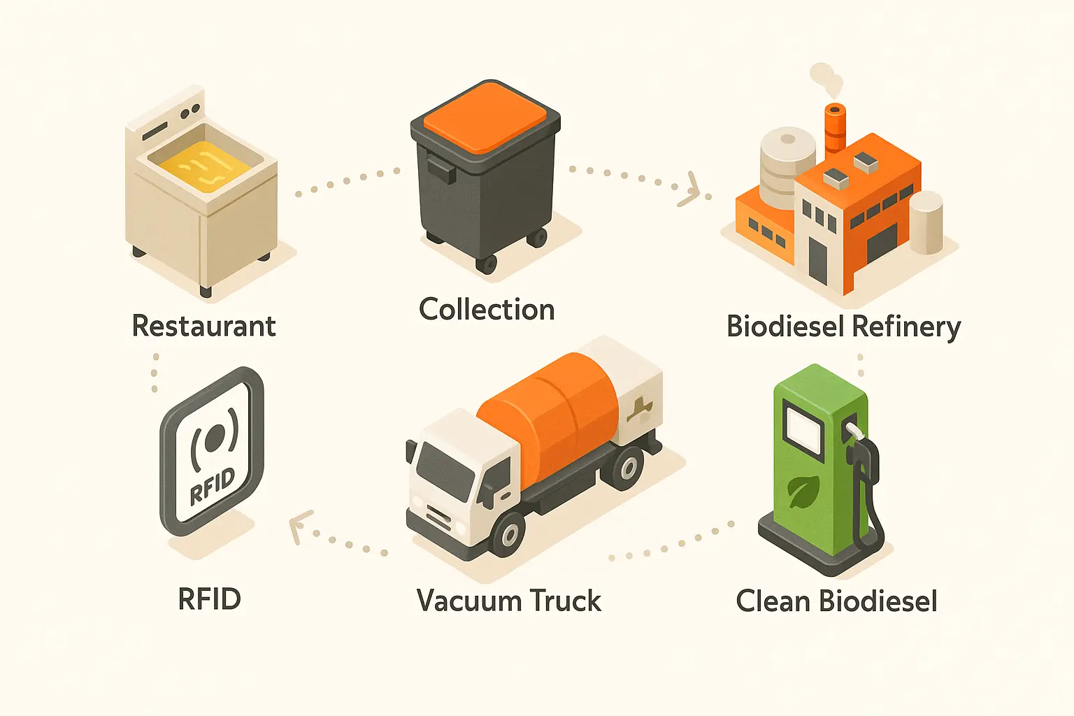 Flow diagram of oil → biodiesel; alt "Closed loop path from fryer to low carbon fuel.