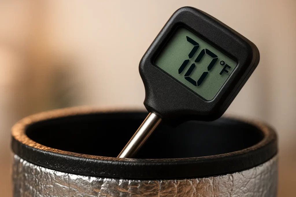Close up of a digital probe showing 70 °F inside a black drum wrapped in reflective insulation.