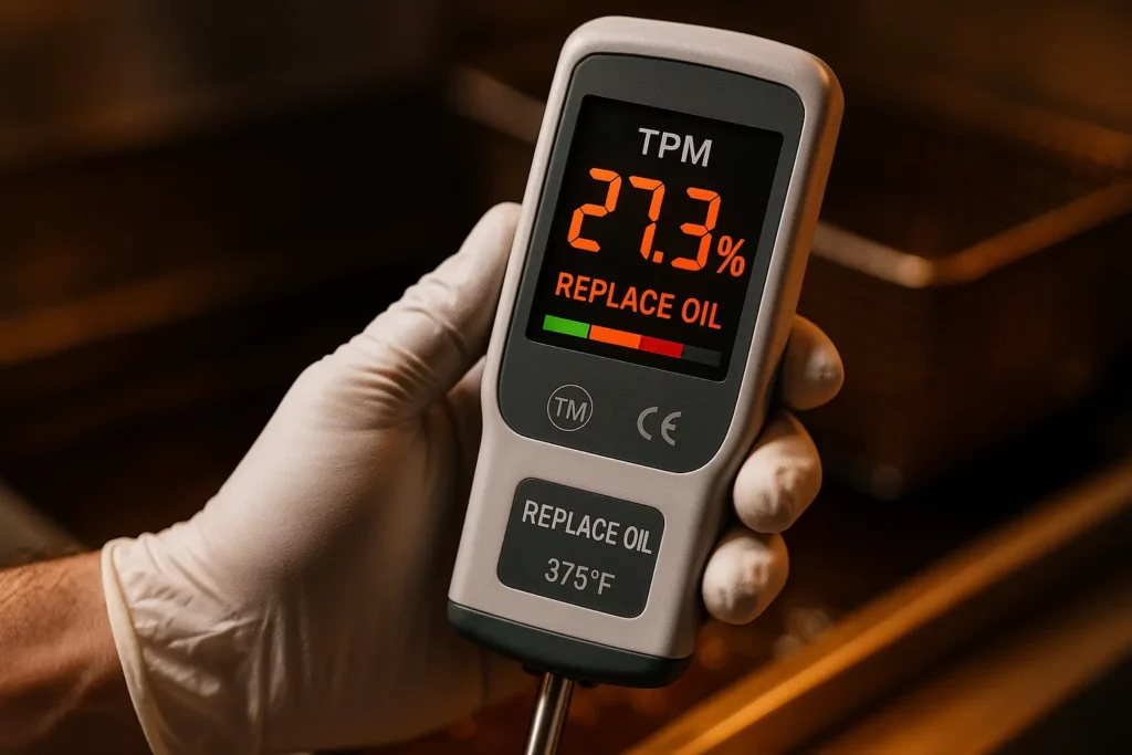 Close-up of gloved hand holding white digital TPM (Total Polar Materials) meter with probe inserted in cooking oil sample. LCD display shows critical reading of 27.3% in red digits with 'REPLACE OIL' warning message, indicating oil has exceeded 25% safe usage threshold. Commercial kitchen fryer station visible in blurred background."