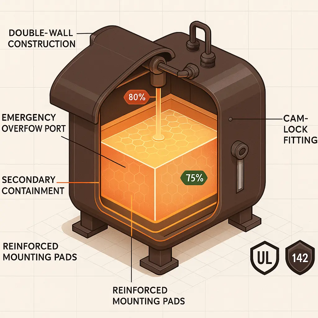 cut away diagram of a double wall 300 gal tank showing 110 % secondary containment.