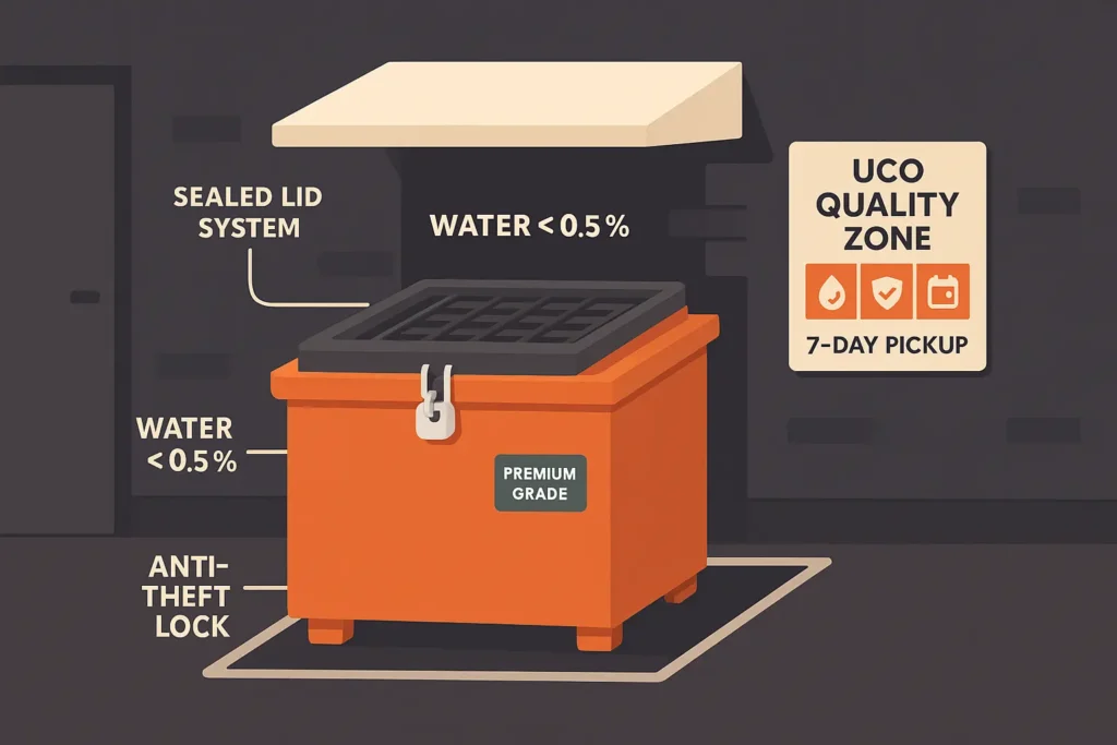 close up illustration of a locked, low profile UCO bin with anti spill grate beside a restaurant back door