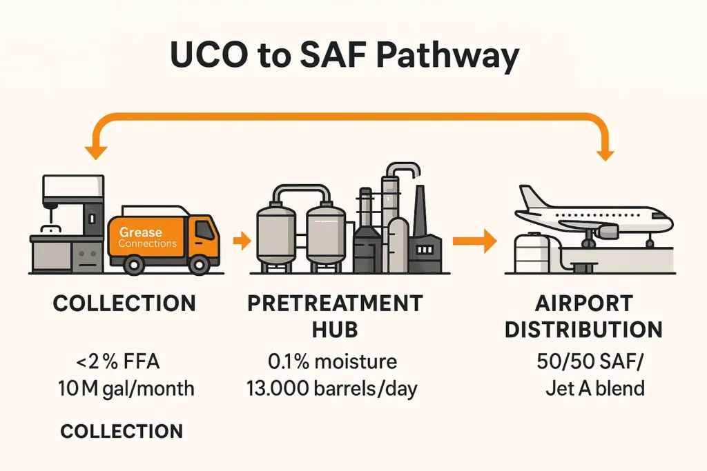 flat design flow diagram showing used oil → pre treatment → refinery → airport