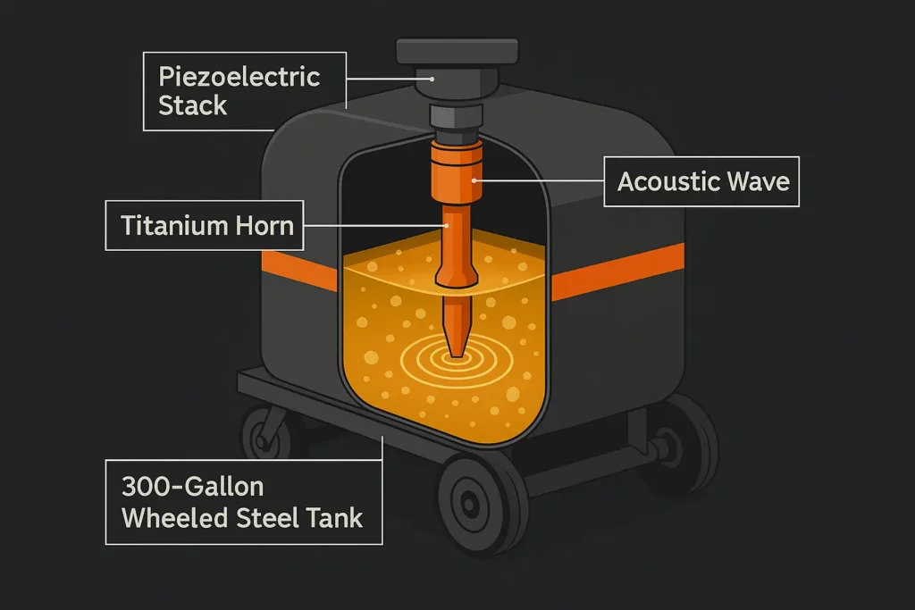 Cut away diagram of an ultrasonic horn inside a 300 gallon wheeled tank.