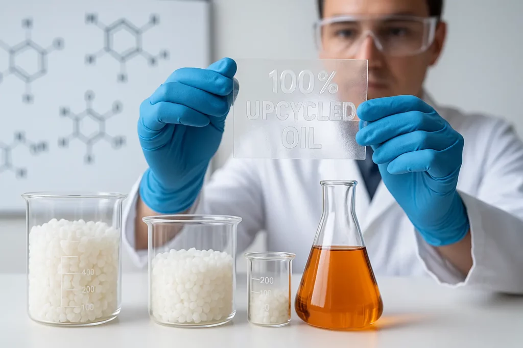 Lab beakers filled with cloudy PHA pellets beside a flask of amber UCO, scientist holding a biodegradable film sample emblazoned "100% upcycled oil."