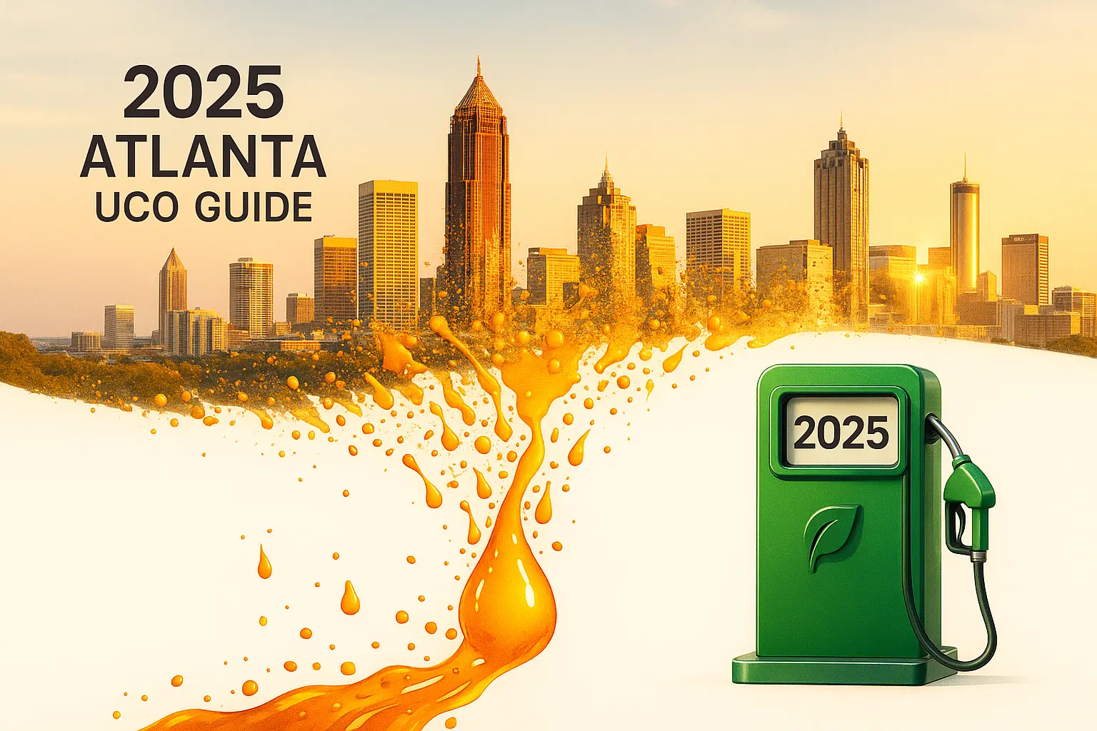 Atlanta skyline dissolving into golden oil drops that flow toward a biodiesel pump icon tagged '2025
