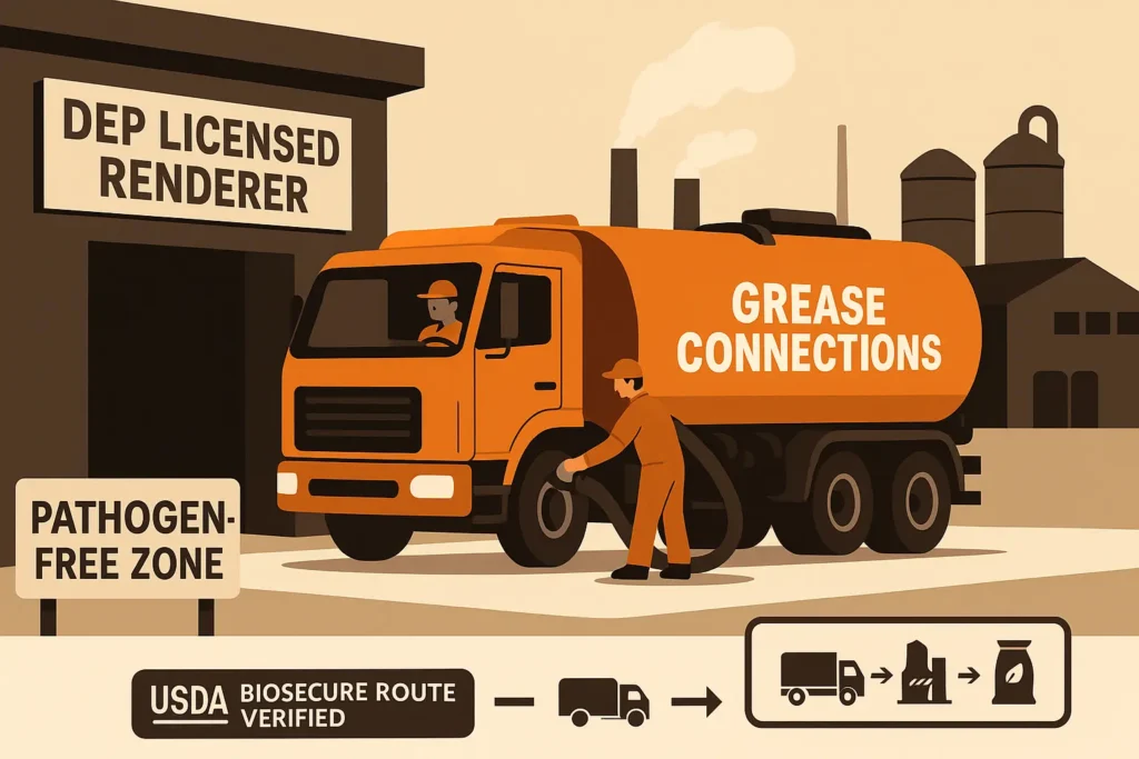 Flat design diagram of sealed hose transfer from restaurant tank to vacuum trailer, icons for digital manifest, GPS lock, biosecurity seal