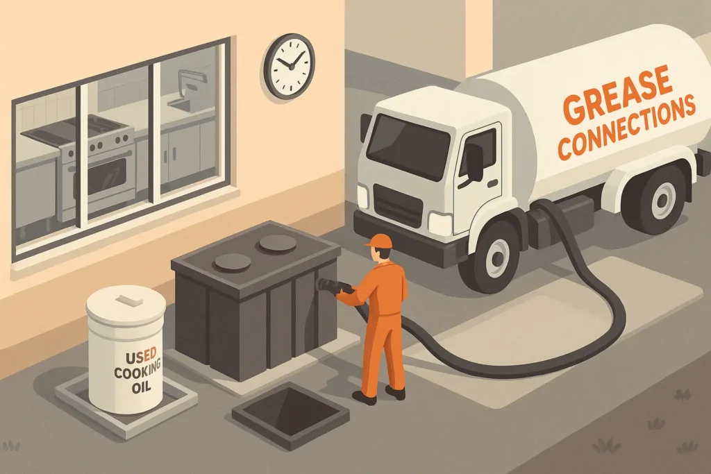 illustration of an institutional kitchen where a Grease Connections technician services a large grease interceptor