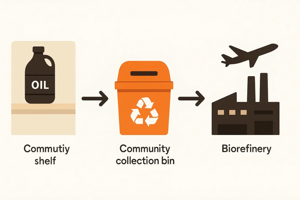 graphic showing a labeled jug of oil on a pantry shelf, arrowed journey to a local collection bin and then to a bio refinery.