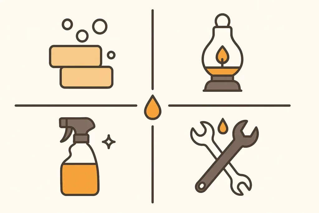 Flat grid showing 4 DIY uses: soap bars, oil lamp, furniture polish bottle, rusty tools