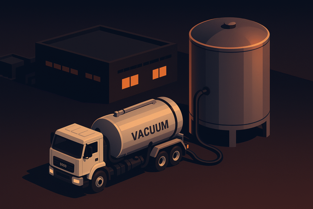 flat design illustration of a 5,000 gallon vacuum tanker backing up to a stainless outdoor tank at night, showing 24/7 readiness