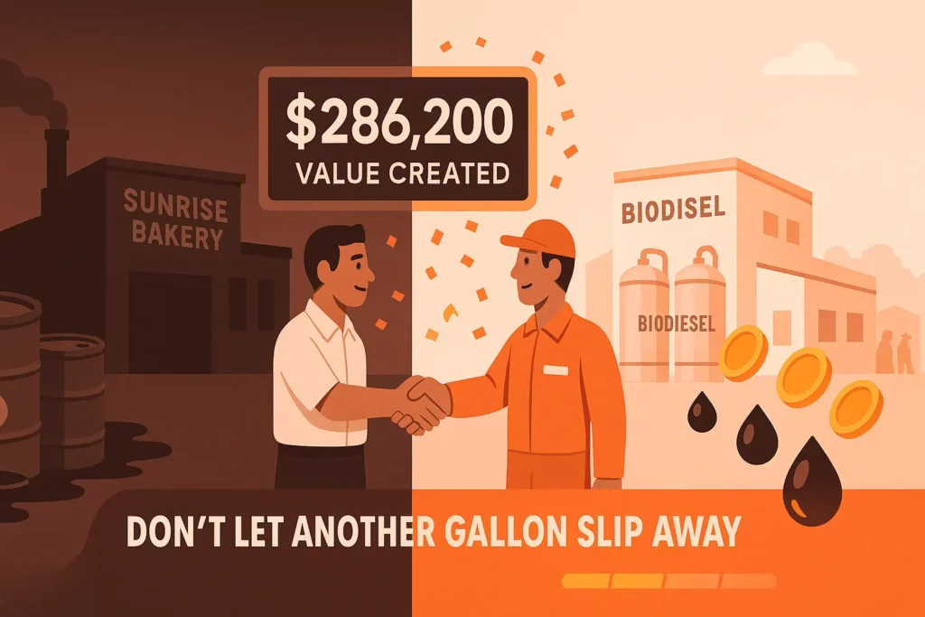 Split-screen illustration of Sunrise Bakery’s journey left half shows a dark, leaking-barrel past labeled “Sunrise Bakery,” right half a bright biodiesel facility; in the middle, Carlos shakes hands with a service provider under a banner reading “$286,200 Value Created,” while oil drops turn into gold coins and a bold footer urges “Don’t let another gallon slip away.