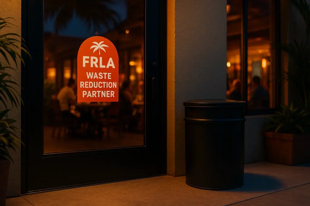 Evening exterior of a busy Miami restaurant displaying an FRLA "Waste Reduction Partner" window decal beside a spotless used oil container.