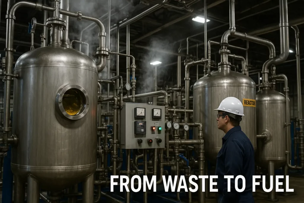 Recycled cooking oil being converted to biodiesel fuel.