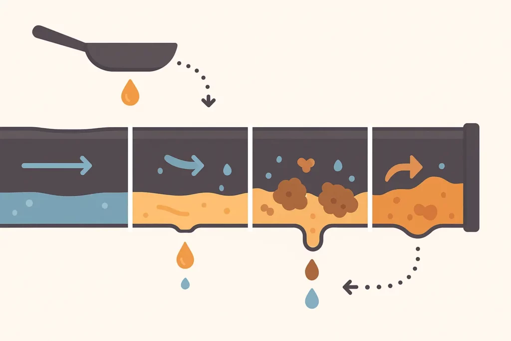 Flat cutaway showing grease buildup progression in residential plumbing pipes