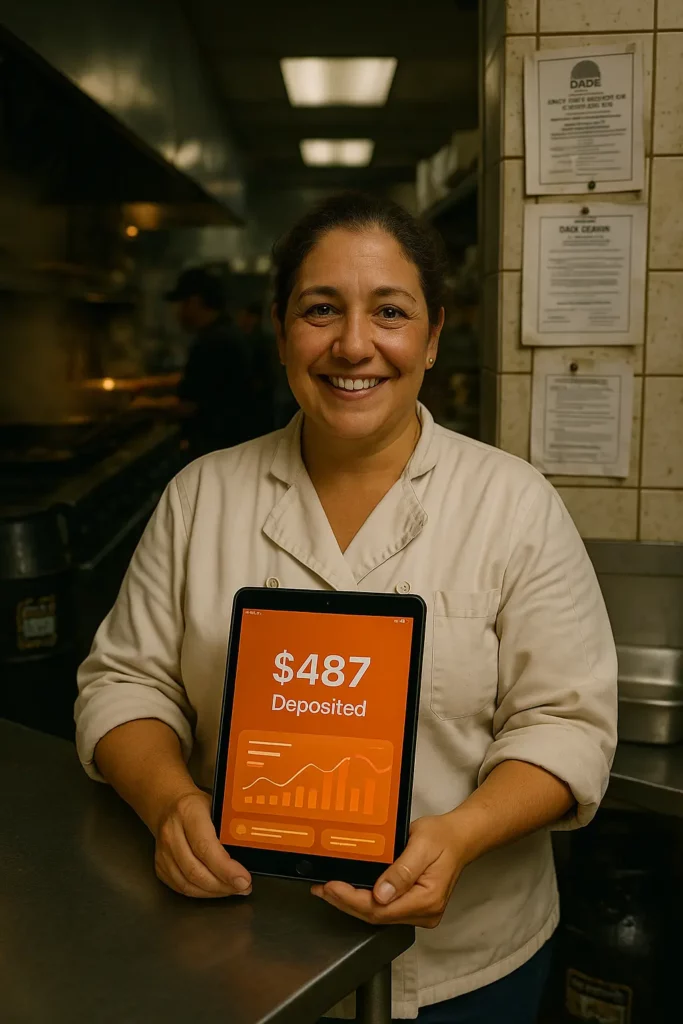Miami restaurant owner smiling while holding tablet showing $487 deposited from cooking oil recycling service with Dade County certifications visible on kitchen wall