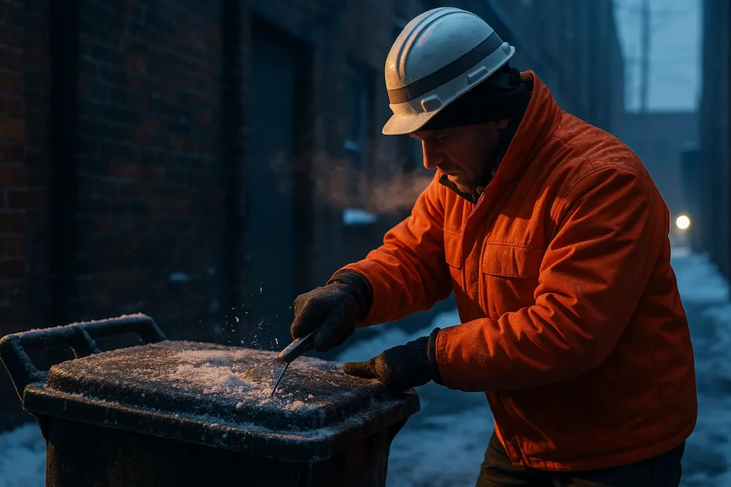 Photo of a driver chipping ice off an outdoor bulk tank lid before connecting a suction hose.