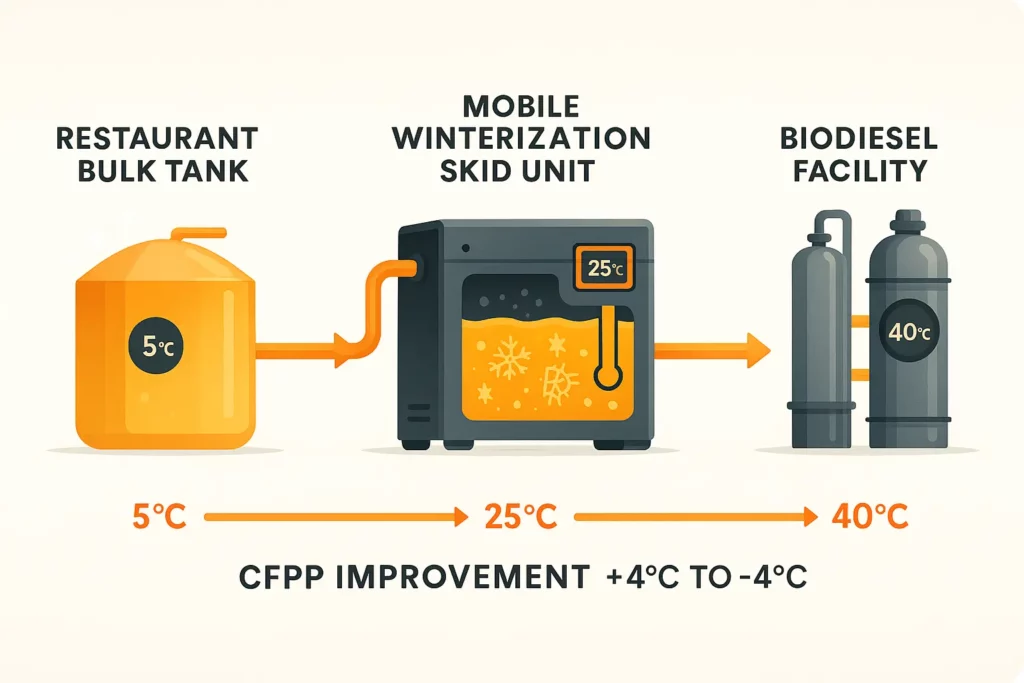 Flow diagram showing oil moving from restaurant tank to winterization skid to biodiesel plant.