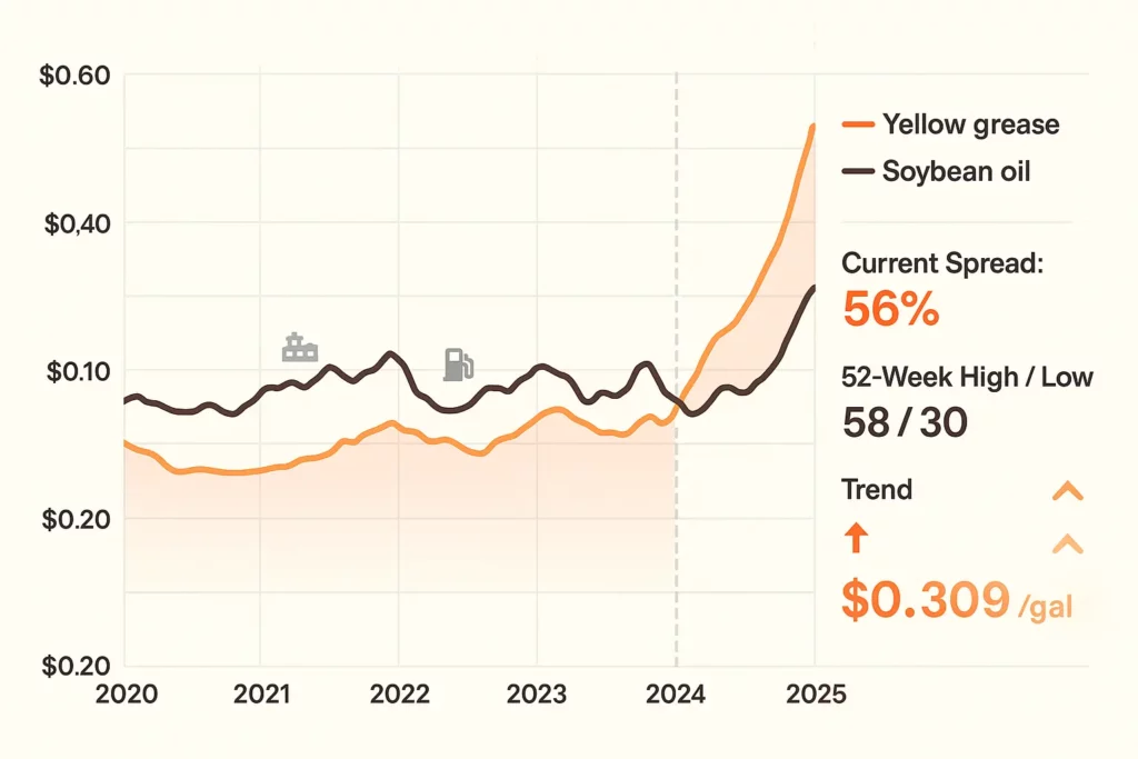 Price trend sparkline chart comparing yellow grease and soybean oil costs from 2020 to 2025