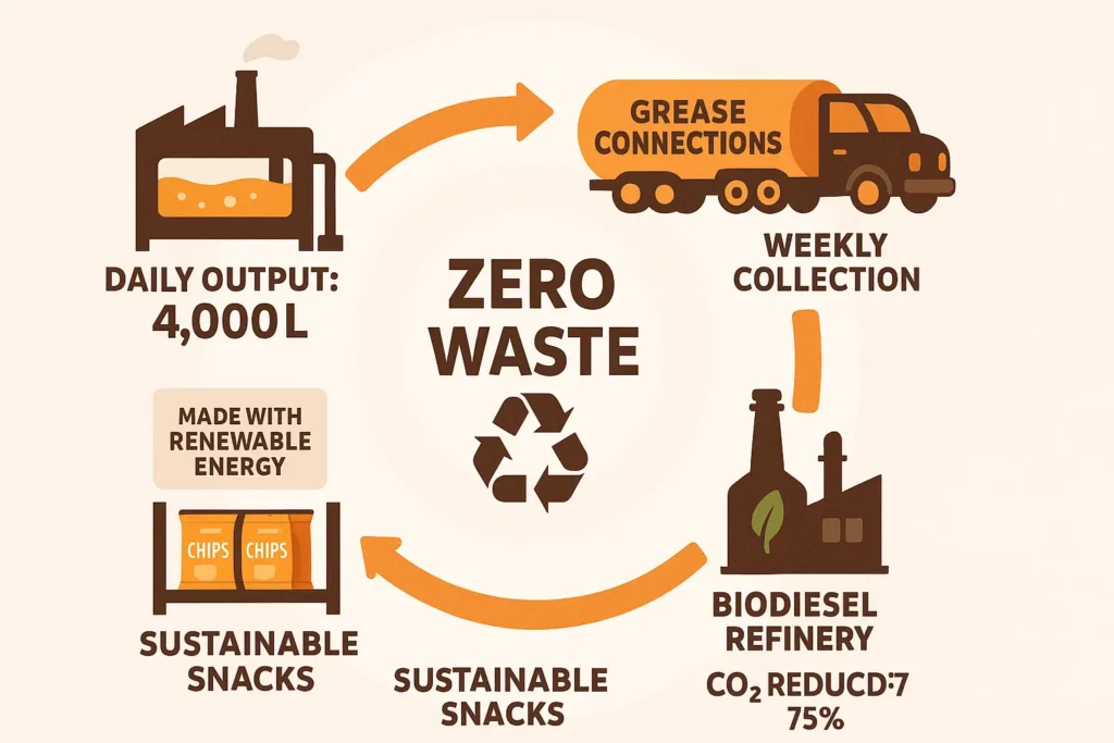 Flat design loop showing used oil tanker, biodiesel plant, and chip bag on shelf illustrating circular economy